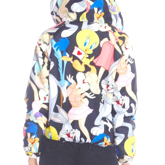 Member Only Faux Rabbit Fur Reversible Bomber Looney Tunes Satin Mashup Print L - Picture 3 of 5